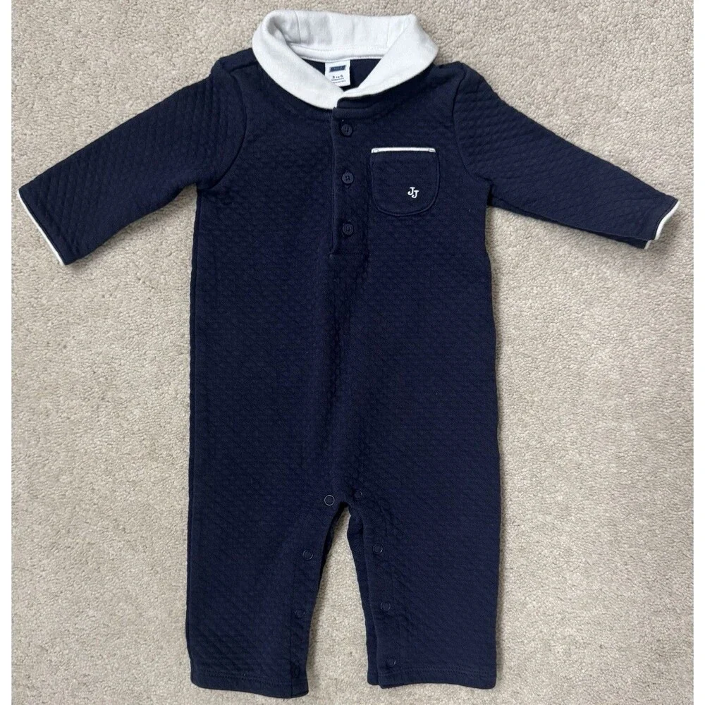 Janie And Jack Baby Boy Peter Pan Collared Quilted Navy/White Jumpsuit Size 3/6
